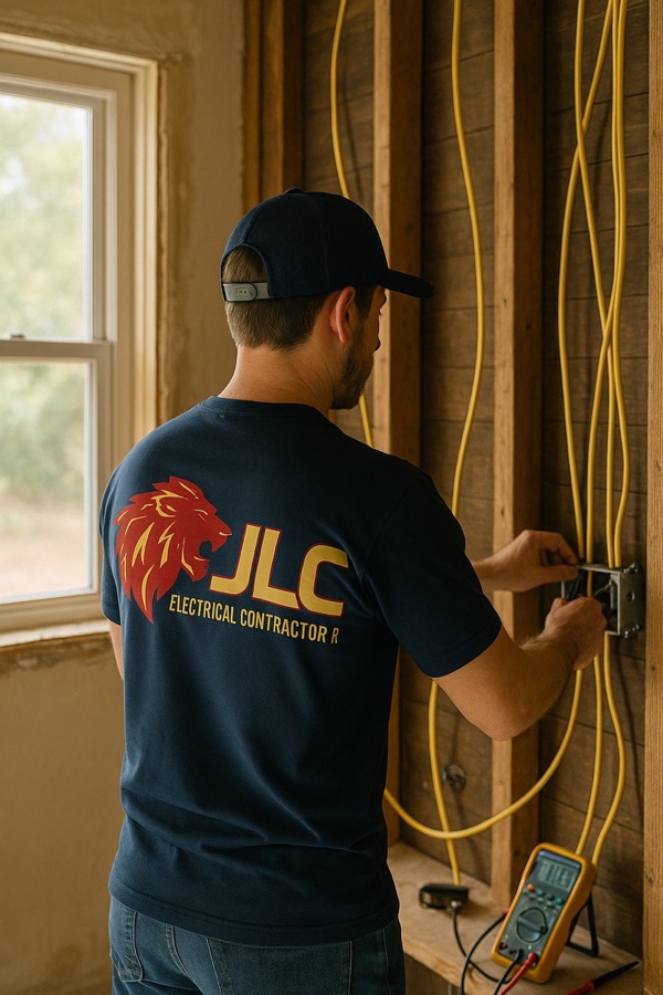 JLC Electrical Contractor electrician in branded navy uniform with red lion logo wiring an outlet on the job