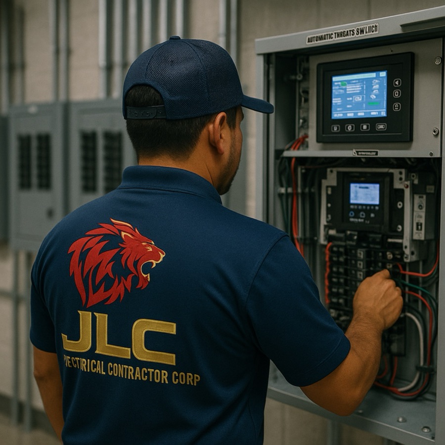 JLC Electrical Contractor technician in branded navy uniform working on a commercial electrical panel
